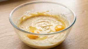 A glass bowl featuring light batter with cracked eggs on a wooden countertop.