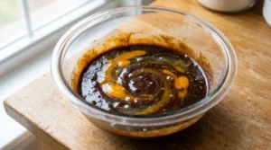 A glass bowl containing rich molasses and butter batter with eggs being incorporated on a wooden countertop.