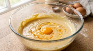 A glass bowl featuring light batter with a cracked egg on a wooden countertop.