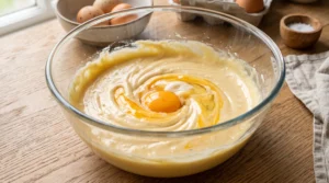 A glass mixing bowl containing creamy cake batter with a cracked egg in the center on a wooden countertop.