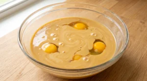 A glass bowl containing rich cake batter with eggs being incorporated on a wooden countertop.
