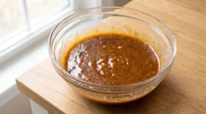 A glass bowl containing a rich, blended mixture of butter, brown sugar, and maple syrup on a wooden countertop.