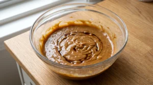 A glass bowl containing the butter and sugar mixture with added spiced butter and dark molasses on a wooden countertop.