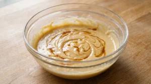 A glass bowl containing cake batter with a swirl of vanilla extract being mixed in on a wooden countertop.