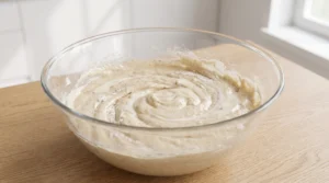 A glass bowl showing cake batter being mixed with alternating flour and buttermilk additions on a wooden countertop.