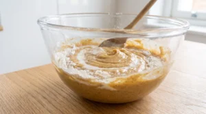 A glass bowl containing cake batter being mixed with alternating additions of flour mixture and buttermilk on a wooden countertop.