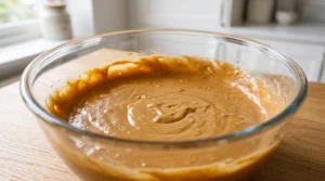 A glass bowl showing smooth caramel cake batter being mixed with alternating flour and buttermilk additions on a wooden countertop.