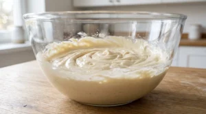 A glass mixing bowl filled with smooth, blended vanilla cake batter resting on a wooden countertop.