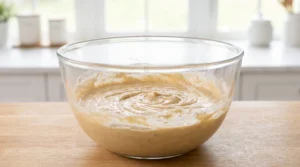 A glass bowl filled with smooth, combined cake batter on a wooden countertop.