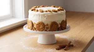 A fully frosted three-layer spice cake decorated with whole and crushed gingersnaps on a white cake stand.
