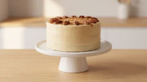 A fully frosted three-layer maple pecan cake decorated with pecan halves and a drizzle on a white cake stand.