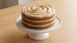 A three-layer spice cake filled with frosting between layers on a white cake stand.