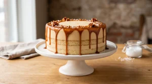 A fully frosted three-layer cake drizzled with caramel sauce and decorated on a white cake stand on a wooden surface.