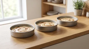 Three cake pans filled with swirled batter sitting on a wooden kitchen counter ready for the oven.