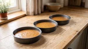 Three round cake pans filled with smooth caramel batter sitting on a wooden kitchen counter ready for the oven.