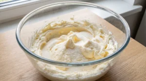 A glass bowl containing creamed butter and sugar on a wooden countertop.