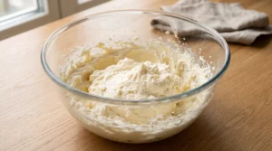 A glass bowl containing creamed butter and sugar on a wooden countertop.