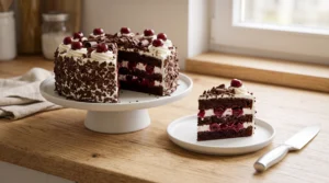 A sliced Black Forest cake with chocolate shavings and cherries on a white cake stand, with a single slice on a plate and a knife on a wooden surface.
