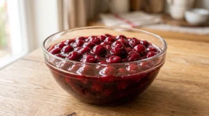 A glass bowl filled with cooked, glossy red cherries in syrup sitting on a wooden countertop.
