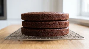 A stack of three baked spice cake layers cooling on a wire rack on a wooden countertop.