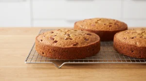 Three golden-brown baked maple pecan cake layers cooling on a wire rack on a wooden countertop.