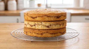 Three stacked golden-brown cake layers with a visible cinnamon swirl cooling on a wire rack.