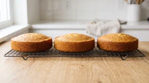 Three golden-brown cake layers cooling on a wire rack on a wooden countertop.