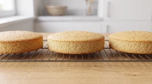 Three baked vanilla cake layers cooling on a wire rack on a wooden countertop.