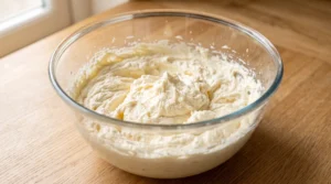 A glass mixing bowl filled with light, fluffy creamed butter, oil, and sugar mixture on a wooden countertop.