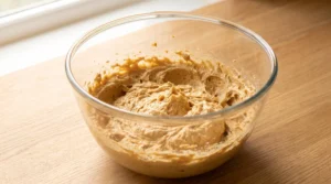 A glass bowl containing a light, fluffy creamed mixture of butter and brown sugar on a wooden countertop.