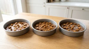 Three round cake pans filled with spiced cake batter topped with cookie pieces, set on a wooden countertop.