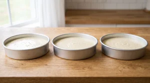 Three round cake pans filled with raw vanilla cake batter sitting side by side on a wooden countertop.