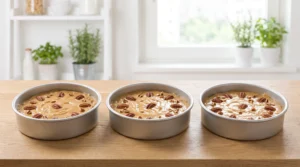 Three round cake pans filled evenly with pecan-studded cake batter on a wooden countertop.