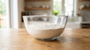Ek medium glass bowl mein cake flour, baking powder, aur namak bhara hua hai, jo wooden countertop par rakha hai.