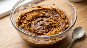 A glass bowl containing spiced cake batter topped with crushed gingersnap cookie pieces on a wooden countertop.