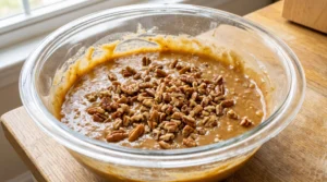 A glass bowl of cake batter topped with chopped toasted pecans on a wooden countertop.