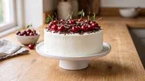 A fully frosted white whipped cream cake decorated with chocolate shavings and fresh cherries on a white cake stand on a wooden table.