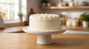 A fully frosted white layer cake with piped borders on a white cake stand on a wooden countertop.