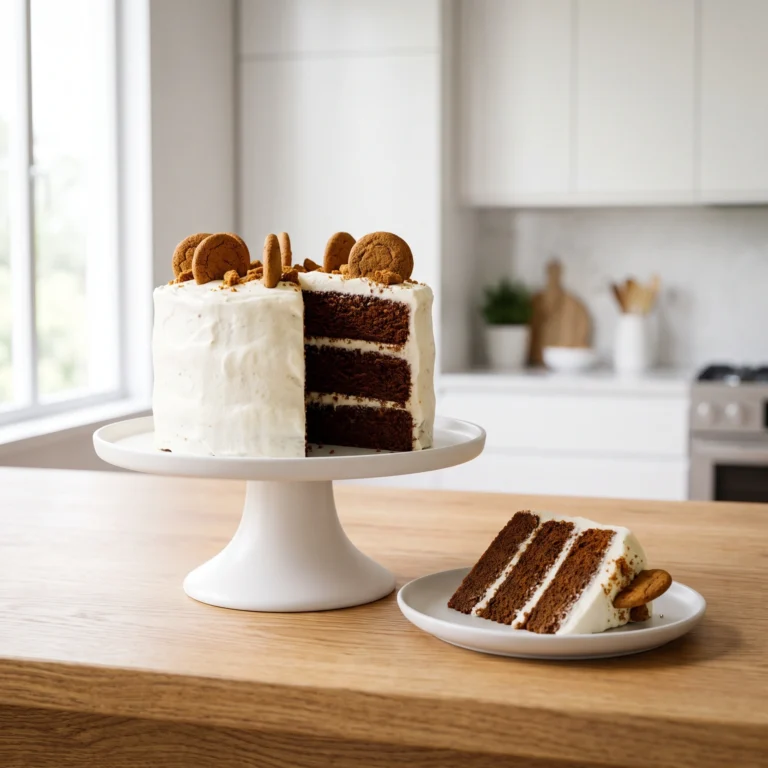 A sliced three-layer spice cake with cream cheese frosting and gingersnap cookies on a white cake stand, with a single slice on a plate in front.