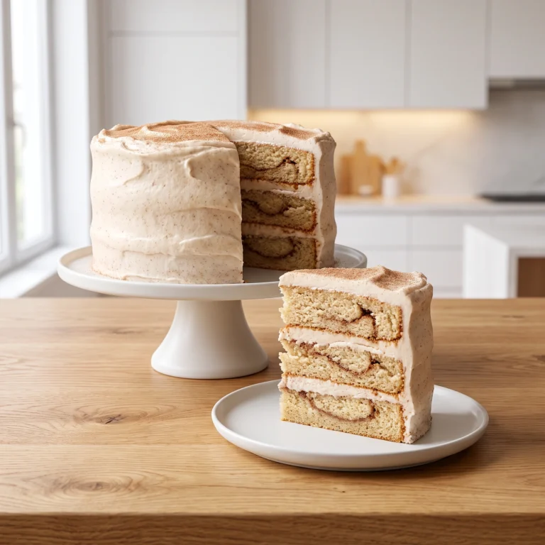 A frosted three-layer spice cake with a missing slice on a white cake stand, next to a slice on a small plate on a wooden surface.