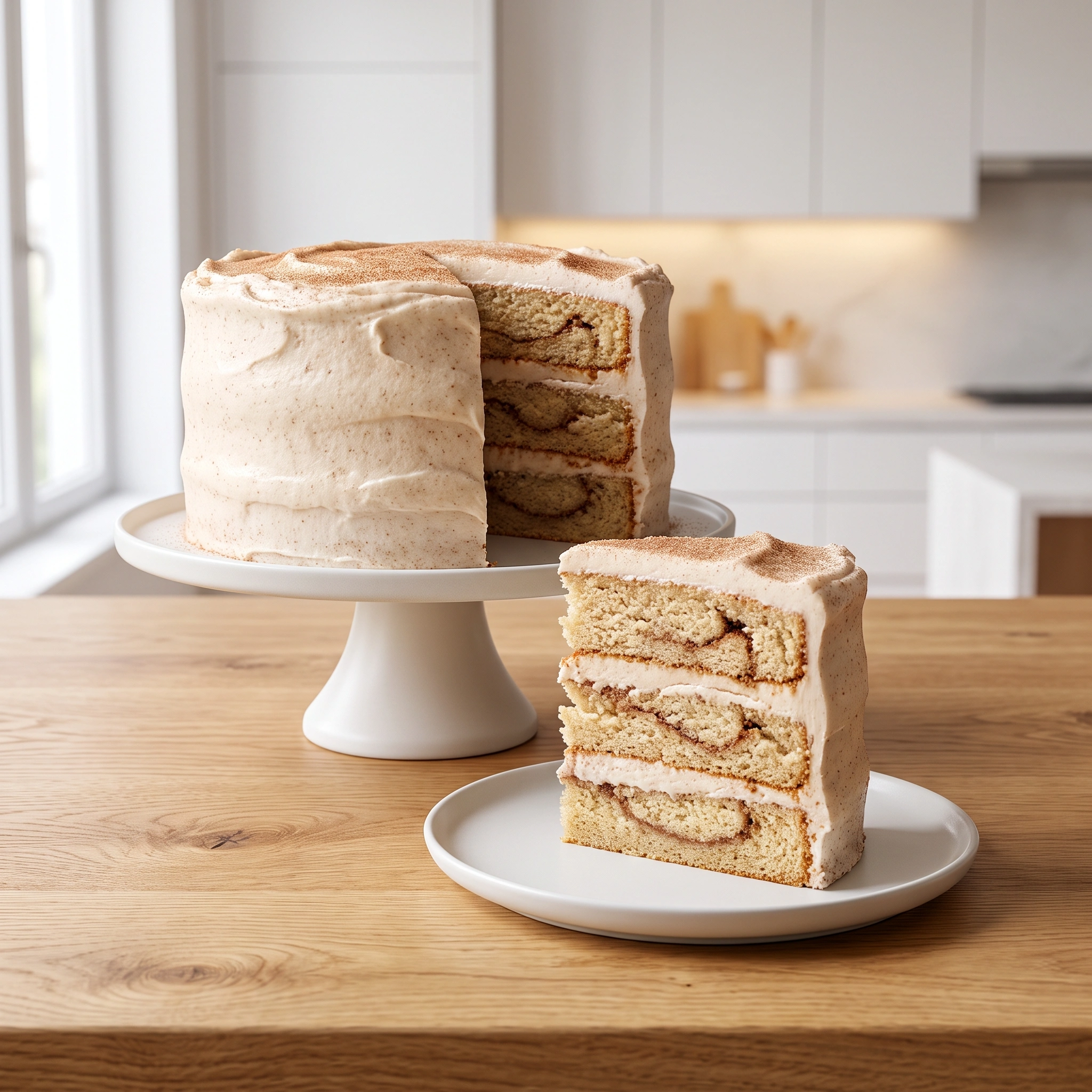 A frosted three-layer spice cake with a missing slice on a white cake stand, next to a slice on a small plate on a wooden surface.