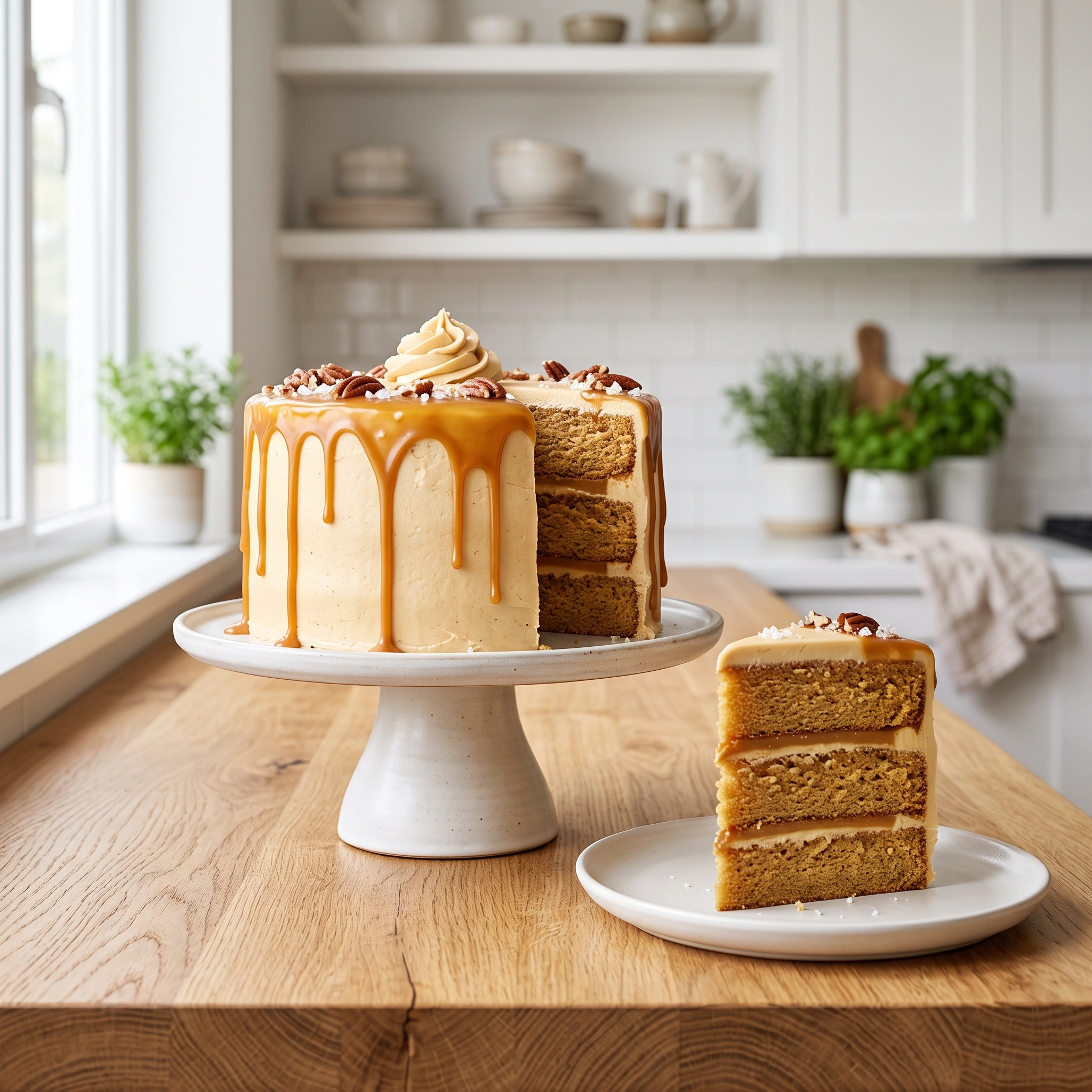 A frosted three-layer caramel cake with a missing slice on a white cake stand, next to a slice on a small plate on a wooden surface.
