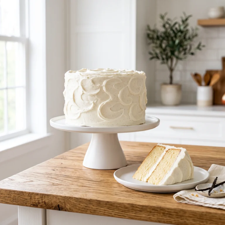 A fully frosted vanilla cake with swirls on a white cake stand, next to a single slice on a plate with vanilla beans on a wooden countertop.