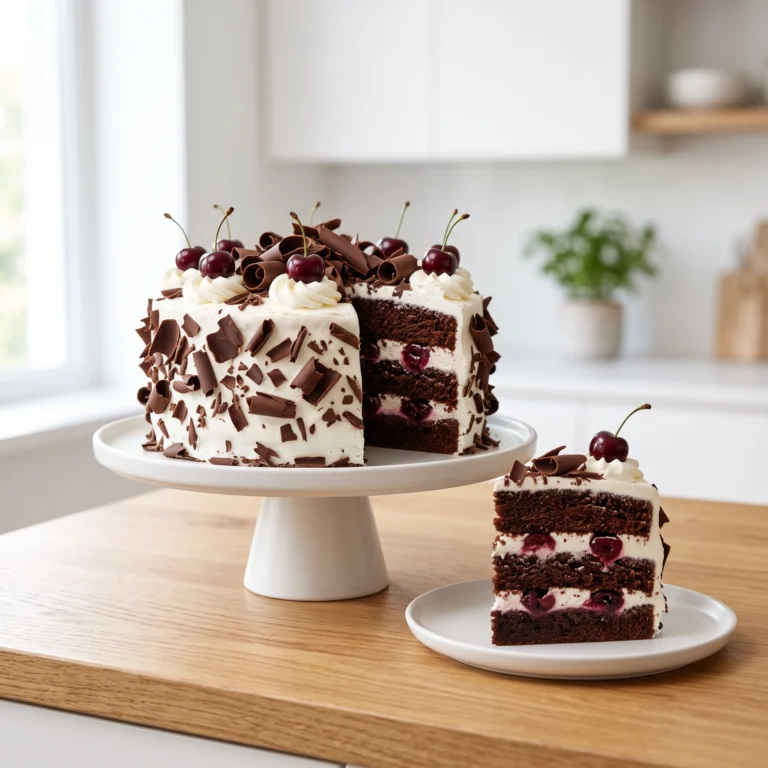 A frosted three-layer Black Forest cake with a missing slice on a white cake stand, next to a single slice on a plate on a wooden surface.