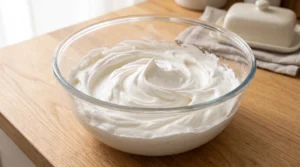 A glass bowl containing smooth, whipped white cream cheese frosting on a wooden countertop.