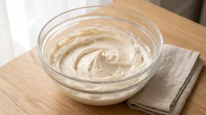 A glass bowl filled with smooth, fluffy maple buttercream frosting on a wooden countertop next to a folded napkin.