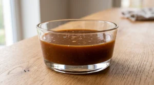 A glass bowl filled with smooth, deep amber caramel sauce sitting on a wooden countertop.