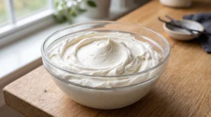 A glass mixing bowl filled with smooth, fluffy white vanilla buttercream frosting on a wooden countertop.
