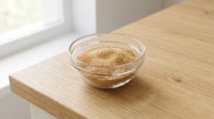A small glass bowl containing a mixture of brown sugar and cinnamon on a wooden countertop.
