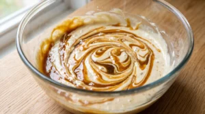 A glass bowl featuring light cake batter swirled with dark amber caramel sauce on a wooden countertop.